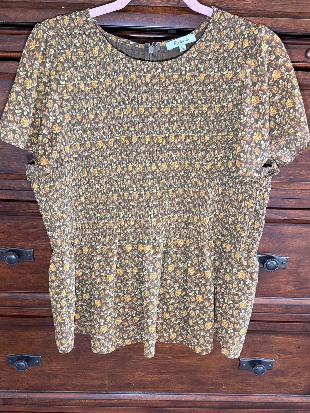 Madewell Brown Floral Smocked Peplum Blouse with Yellow Accents